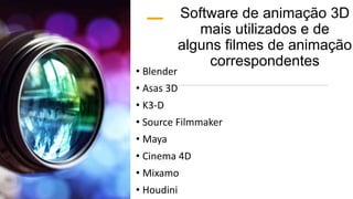 Software de animação 3D
mais utilizados e de
alguns filmes de animação
correspondentes
• Blender
• Asas 3D
• K3-D
• Source Filmmaker
• Maya
• Cinema 4D
• Mixamo
• Houdini
 