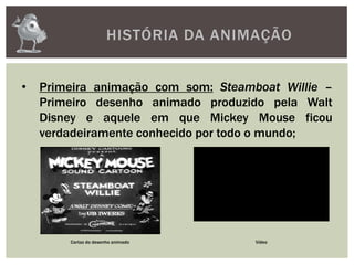 HISTÓRIA DA ANIMAÇÃO
• Primeira animação com som: Steamboat Willie –
Primeiro desenho animado produzido pela Walt
Disney e aquele em que Mickey Mouse ficou
verdadeiramente conhecido por todo o mundo;
Cartaz do desenho animado Vídeo
 