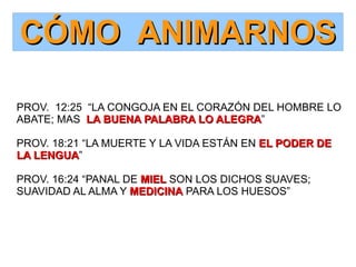 CÓMO ANIMARNOS

PROV. 12:25 “LA CONGOJA EN EL CORAZÓN DEL HOMBRE LO
ABATE; MAS LA BUENA PALABRA LO ALEGRA”
                                ALEGRA

PROV. 18:21 “LA MUERTE Y LA VIDA ESTÁN EN EL PODER DE
LA LENGUA”
   LENGUA

PROV. 16:24 “PANAL DE MIEL SON LOS DICHOS SUAVES;
SUAVIDAD AL ALMA Y MEDICINA PARA LOS HUESOS”
 