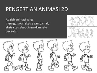 PENGERTIAN ANIMASI 2D
Adalah animasi yang
menggunakan sketsa gambar lalu
sketsa tersebut digerakkan satu
per satu.
 