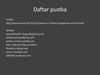Daftar pustka
Artikel:
http://www.animasi.tk/2015/11/animasi-2-dimensi-pengertian-animasi.html
Gambar :
awaluddinelf21.blog.widyatama.ac.id
anikparwati.wordpress.com
lembar-animasi.weebly.com
http://drip.de/?tag=animation
facweb.cs.depaul.edu
screen-novelties.com
jeffsta93.wordpress.com
 