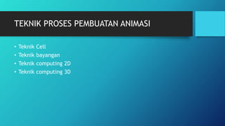 TEKNIK PROSES PEMBUATAN ANIMASI
• Teknik Cell
• Teknik bayangan
• Teknik computing 2D
• Teknik computing 3D
 