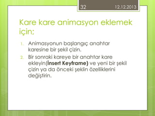 32

12.12.2013

Kare kare animasyon eklemek
için;
1.
2.

Animasyonun başlangıç anahtar
karesine bir şekil çizin.
Bir sonraki kareye bir anahtar kare
ekleyin(İnsert Keyframe) ve yeni bir şekil
çizin ya da önceki şeklin özelliklerini
değiştirin.

 