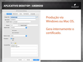 Aplicativo desktop - android
Produção via
Windows ou Mac OS.
Gera internamente o
certificado.
 