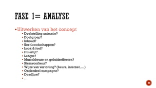  Uitwerken van het concept














Doelstelling animatie?
Doelgroep?
Inhoud?
Kernboodschappen?
Look & feel?
Huisstijl?
Lengte?
Muziekkeuze en geluidseffecten?
Stemvoorkeur?
Wijze van vertoning? (beurs, internet, …)
Onderdeel campagne?
Deadline?
…
34

 