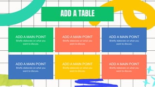 ADD A MAIN POINT
Briefly elaborate on what you
want to discuss.
ADD A MAIN POINT
Briefly elaborate on what you
want to discuss.
ADD A MAIN POINT
Briefly elaborate on what you
want to discuss.
ADD A MAIN POINT
Briefly elaborate on what you
want to discuss.
ADD A MAIN POINT
Briefly elaborate on what you
want to discuss.
ADD A MAIN POINT
Briefly elaborate on what you
want to discuss.
ADD A TABLE
 