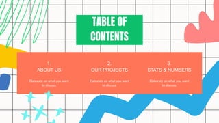 2.
OUR PROJECTS
Elaborate on what you want
to discuss.
1.
ABOUT US
Elaborate on what you want
to discuss.
3.
STATS & NUMBERS
Elaborate on what you want
to discuss.
TABLE OF
CONTENTS
 
