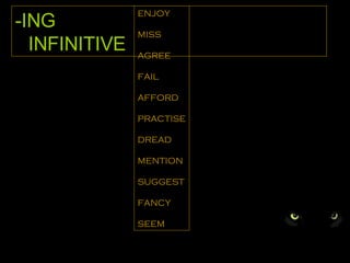 -ING   INFINITIVE ENJOY MISS AGREE FAIL AFFORD PRACTISE DREAD MENTION SUGGEST FANCY SEEM 