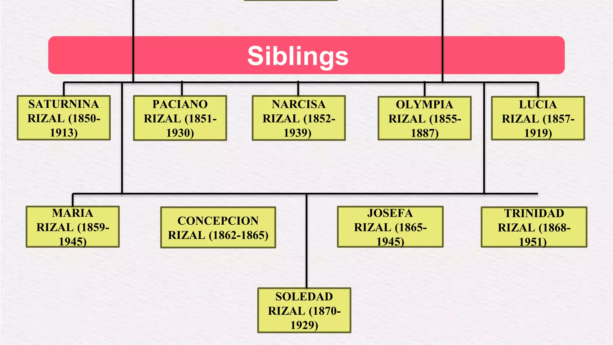 Siblings
SATURNINA
RIZAL (1850-
1913)
NARCISA
RIZAL (1852-
1939)
OLYMPIA
RIZAL (1855-
1887)
PACIANO
RIZAL (1851-
1930)
JOSEFA
RIZAL (1865-
1945)
MARIA
RIZAL (1859-
1945)
CONCEPCION
RIZAL (1862-1865)
TRINIDAD
RIZAL (1868-
1951)
LUCIA
RIZAL (1857-
1919)
SOLEDAD
RIZAL (1870-
1929)