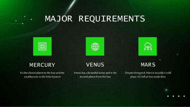 MAJOR REQUIREMENTS
It’stheclosestplanettotheSunand the
smallestone intheSolarSystem
Venushasa beautifulnameandisthe
secondplanetfromtheSun
MERCURY VENUS
Despitebeingred, Marsisactuallya cold
place.It’sfullofironoxide dust
MARS
 