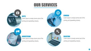 OUR SERVICES
GIFTS
SOLUTION
CAMERA
ADVERTISING
Lorem Ipsum is simply dummy text of the
printing and typesetting industry.
Lorem Ipsum is simply dummy text of the
printing and typesetting industry.
Lorem Ipsum is simply dummy text of the
printing and typesetting industry.
Lorem Ipsum is simply dummy text of the
printing and typesetting industry.
12
 