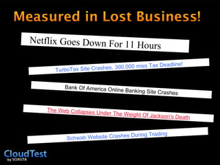 Netflix Goes Down For 11 Hours TurboTax Site Crashes, 300,000 miss Tax Deadline! The Web Collapses Under The Weight Of Jackson's Death Bank Of America Online Banking Site Crashes Schwab Website Crashes During Trading  