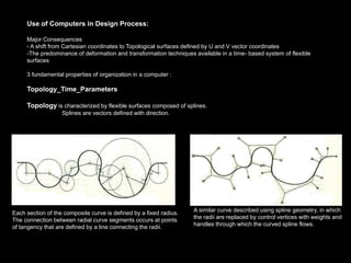 Use of Computers in Design Process:

     Major Consequences
     - A shift from Cartesian coordinates to Topological surfaces defined by U and V vector coordinates
     -The predominance of deformation and transformation techniques available in a time- based system of flexible
     surfaces

     3 fundamental properties of organization in a computer :

     Topology_Time_Parameters

     Topology is characterized by flexible surfaces composed of splines.
                   Splines are vectors defined with direction.




                                                                    A similar curve described using spline geometry, in which
Each section of the composite curve is defined by a fixed radius.
                                                                    the radii are replaced by control vertices with weights and
The connection between radial curve segments occurs at points
                                                                    handles through which the curved spline flows.
of tangency that are defined by a line connecting the radii.
 