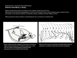 Analyzing time, movement and transformation:
  Etienne-Jules Marey ‘s Study

  Marey pioneered the study of curvature as the notation of both force and time.
  Marey was one of the first morphologists to move from the study of form in inert Cartesian space, devoid of force
  and motion, to the study of rhythms, movements, pulses, and flows and their effects on form.

  Marey produced “phase portraits” by describing time as a continuous curvilinear flow.




Marey used pneumatic triggers to the joints of animals to     Marey would connect curved lines through these points to
trigger camera exposures in rhythmic sequence. In this        describe a curvilinear continuity across the snapshots.
way, the rhythm of photographic instances were
sequenced to the movement of the animal.
 