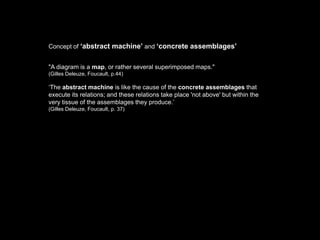 Concept of ‘abstract machine’ and ‘concrete assemblages’


"A diagram is a map, or rather several superimposed maps."
(Gilles Deleuze, Foucault, p.44)

‘The abstract machine is like the cause of the concrete assemblages that
execute its relations; and these relations take place 'not above' but within the
very tissue of the assemblages they produce.’
(Gilles Deleuze, Foucault, p. 37)
 