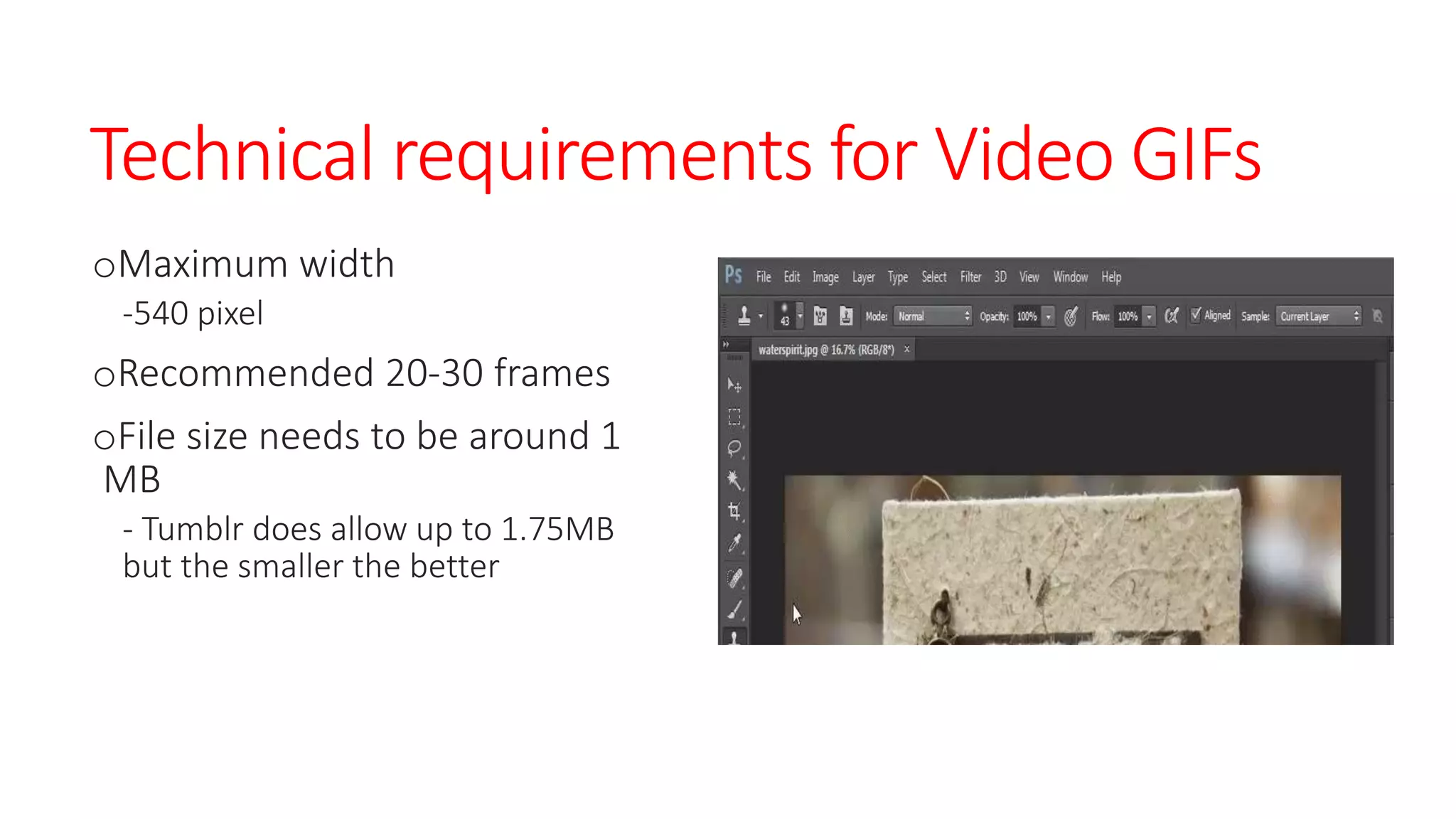 Technical requirements for Video GIFs
oMaximum width
-540 pixel
oRecommended 20-30 frames
oFile size needs to be around 1
MB
- Tumblr does allow up to 1.75MB
but the smaller the better
 