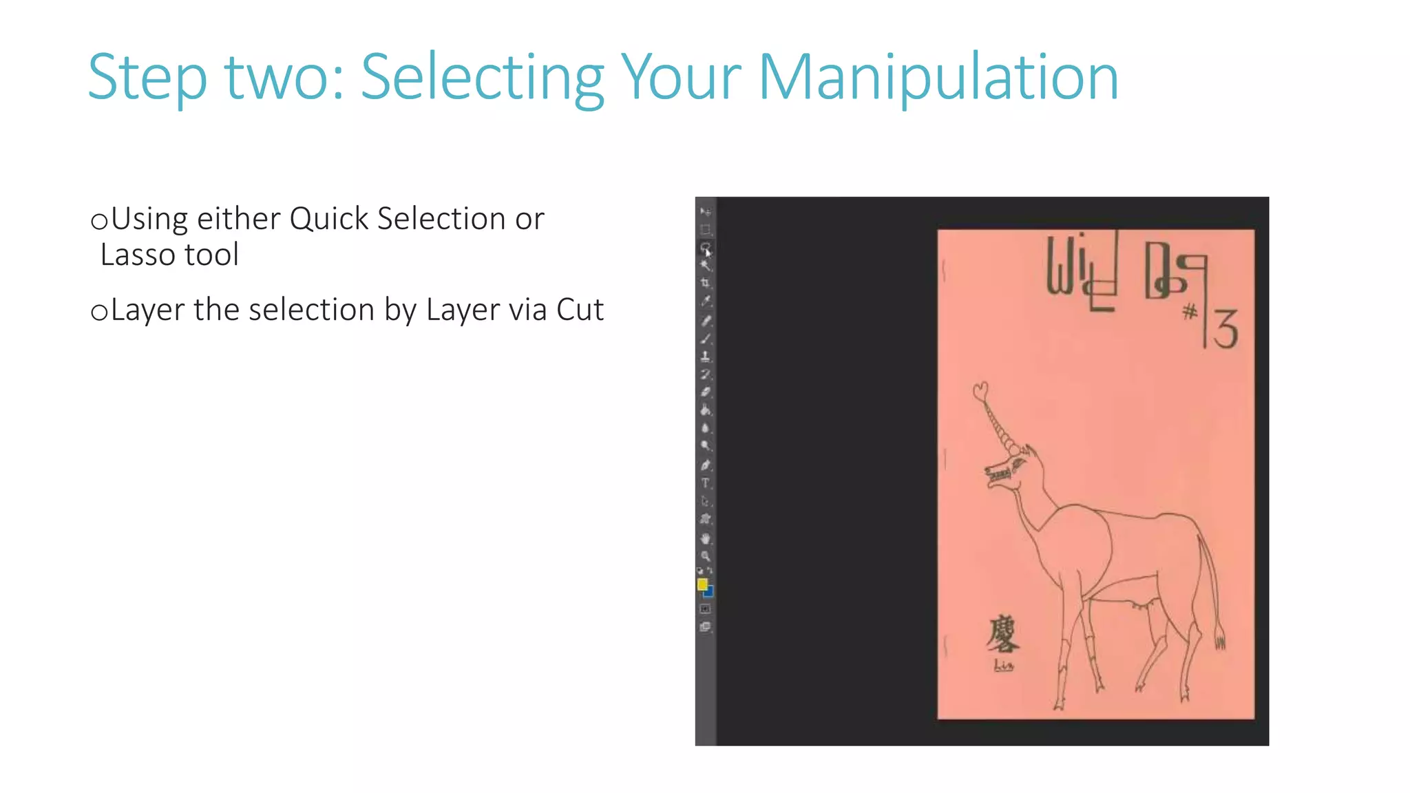 Step two: Selecting Your Manipulation
oUsing either Quick Selection or
Lasso tool
oLayer the selection by Layer via Cut
 