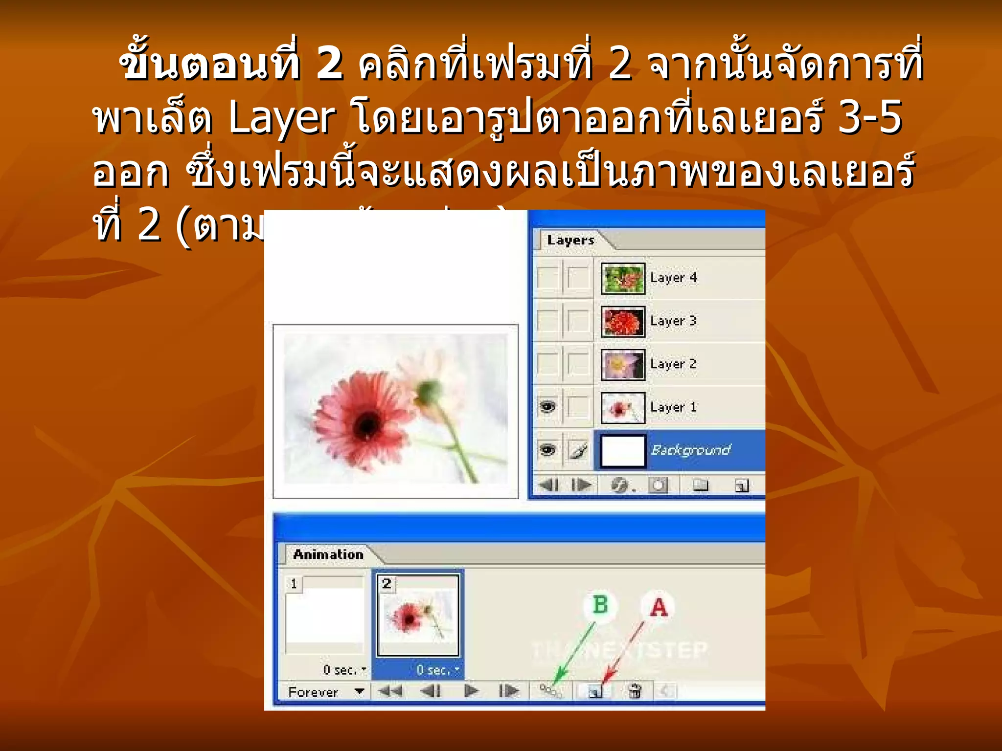 ขั้นตอนที่  2   คลิกที่เฟรมที่  2  จากนั้นจัดการที่พาเล็ต   Layer  โดยเอารูปตาออกที่เลเยอร์  3-5  ออก ซึ่งเฟรมนี้จะแสดงผลเป็นภาพของเลเยอร์ที่  2 ( ตามภาพด้านล่าง )   