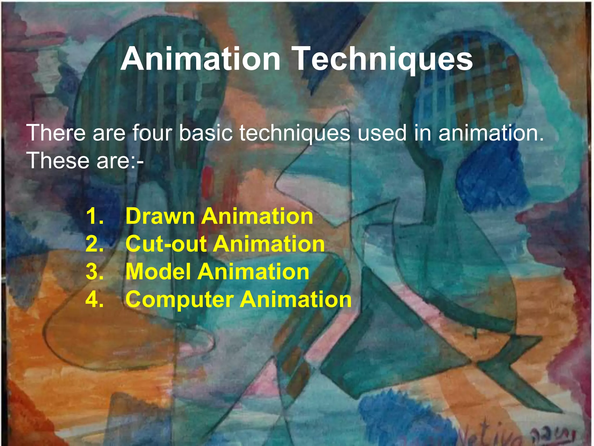 Animation Techniques

There are four basic techniques used in animation.
These are:-

     1.   Drawn Animation
     2.   Cut-out Animation
     3.   Model Animation
     4.   Computer Animation
 