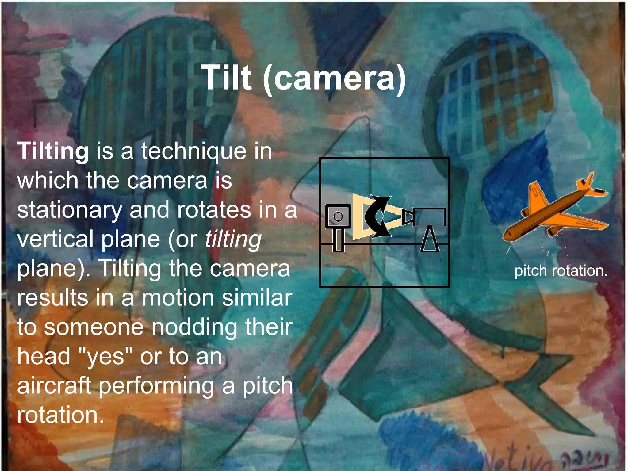 Tilt (camera)
Tilting is a technique in
which the camera is
stationary and rotates in a
vertical plane (or tilting
plane). Tilting the camera       pitch rotation.
results in a motion similar
to someone nodding their
head "yes" or to an
aircraft performing a pitch
rotation.
 