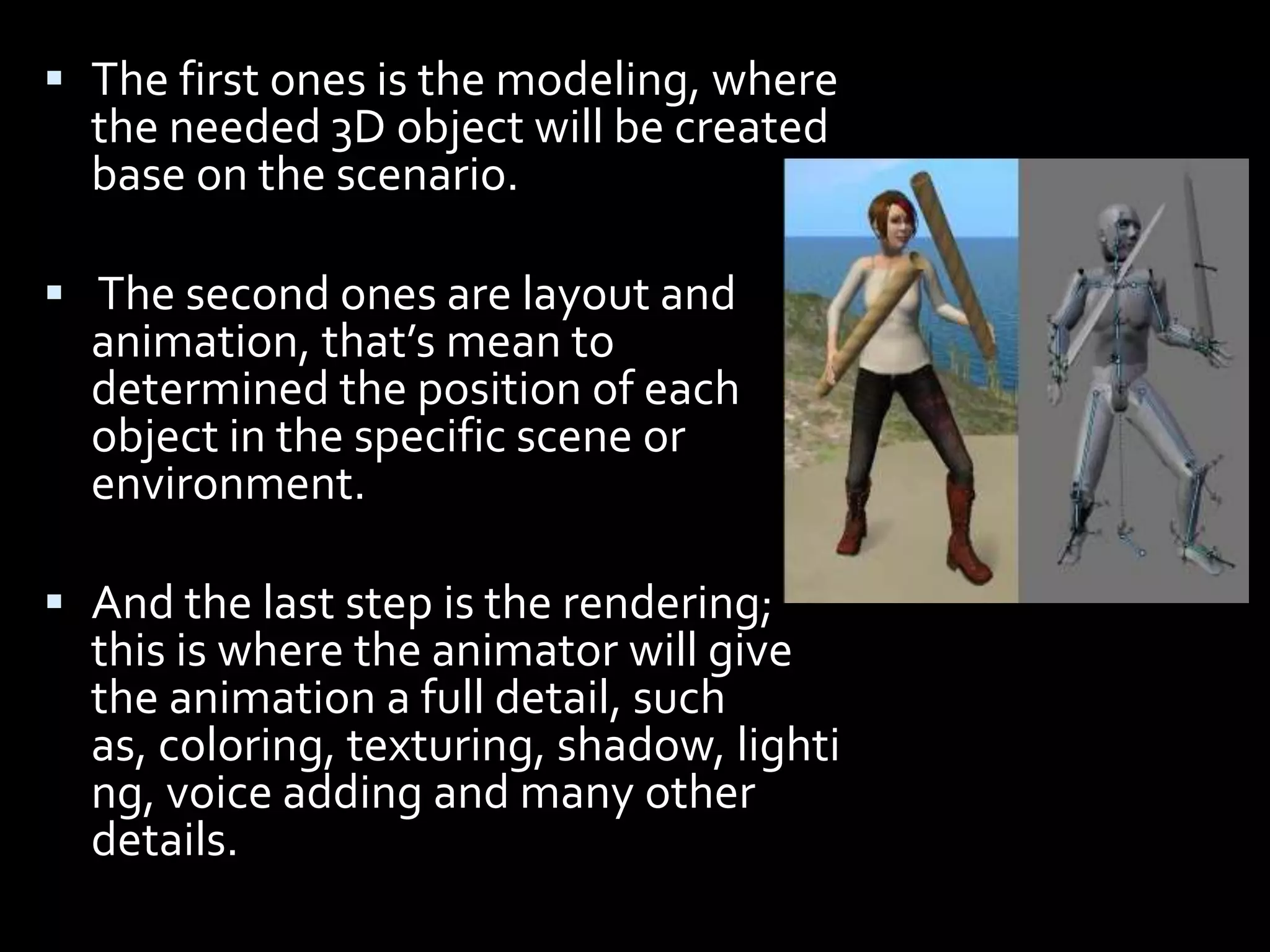  The first ones is the modeling, where
  the needed 3D object will be created
  base on the scenario.

 The second ones are layout and
  animation, that’s mean to
  determined the position of each
  object in the specific scene or
  environment.

 And the last step is the rendering;
  this is where the animator will give
  the animation a full detail, such
  as, coloring, texturing, shadow, lighti
  ng, voice adding and many other
  details.
 