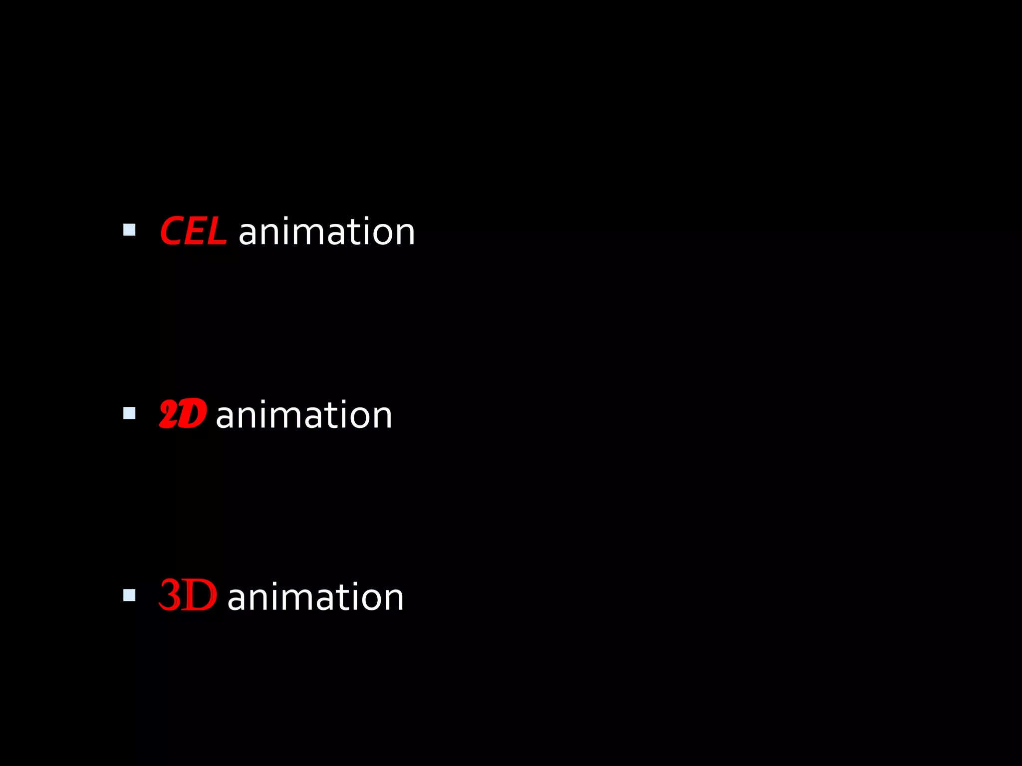  CEL animation



 2D animation



 3D animation
 