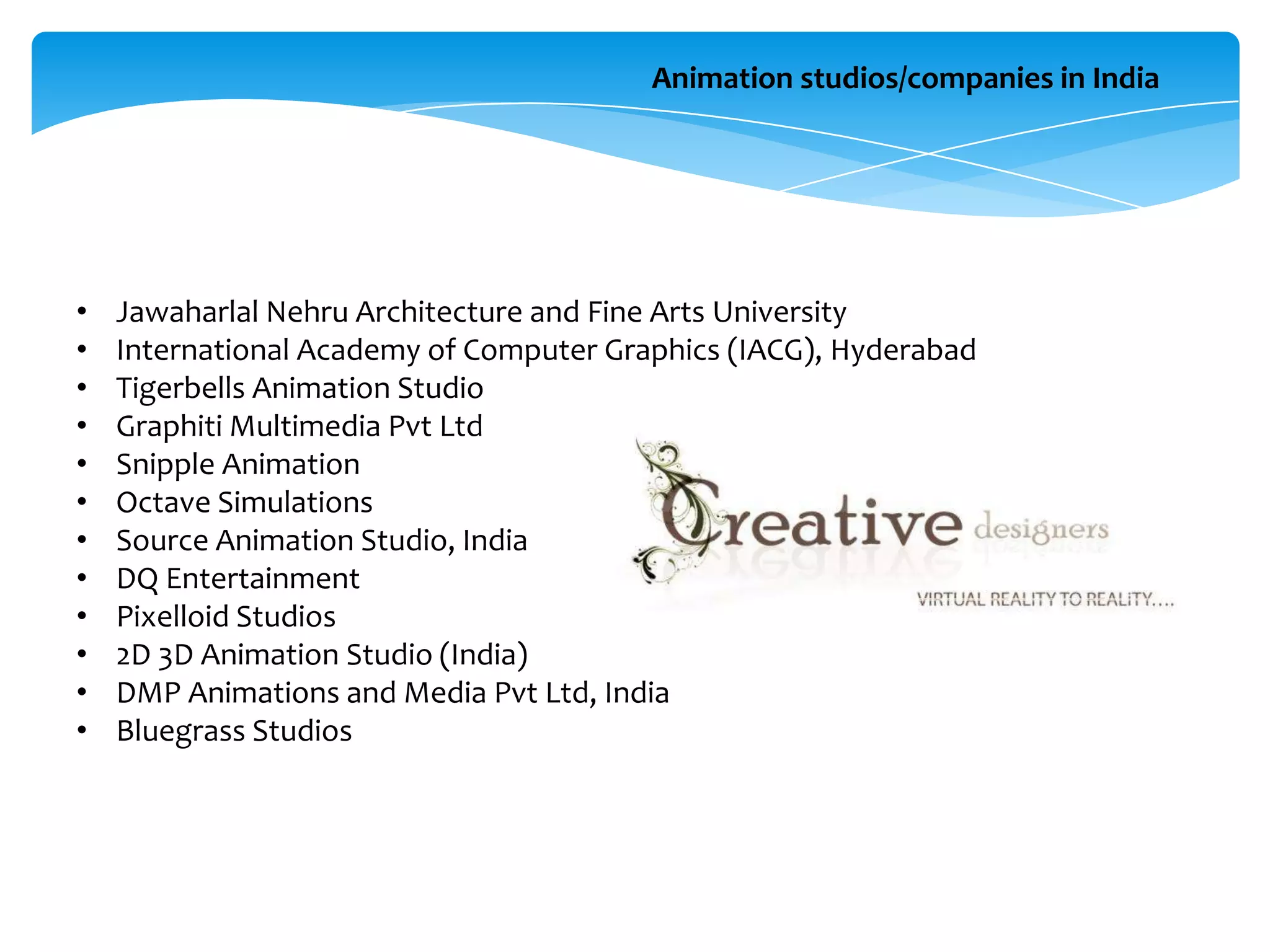 Animation studios/companies in India

•
•
•
•
•
•
•
•
•
•
•
•

Jawaharlal Nehru Architecture and Fine Arts University
International Academy of Computer Graphics (IACG), Hyderabad
Tigerbells Animation Studio
Graphiti Multimedia Pvt Ltd
Snipple Animation
Octave Simulations
Source Animation Studio, India
DQ Entertainment
Pixelloid Studios
2D 3D Animation Studio (India)
DMP Animations and Media Pvt Ltd, India
Bluegrass Studios

 