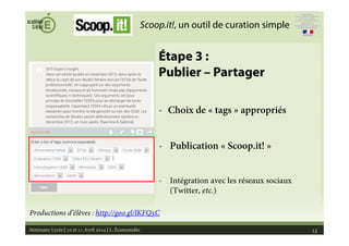 Séminaire Lycée | 10 et 11 Avril 2014 | L. Économidès 12
Scoop.it!, un outil de curation simple
Étape 3 :
Publier – Partag...