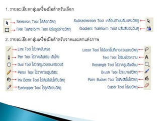 1. รายละเอียดกลุ่มเครื่องมือสาหรับเลือก
2. รายละเอียดกลุ่มเครื่องมือสาหรับวาดและตกแต่งภาพ
 