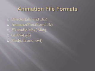  Director(.dir and .dcr)
 AnimatorPro(.fli and .flc)
 3D studio Max(.Max)
 GIF89a(.gif)
 Flash(.fla and .swf)
 
