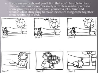  If you use a storyboard you'll find that you'll be able to plan
your animations more cohesively with clear marker points to
show progress, and you'll save yourself a lot of time and
trouble when struggling to make the entire thing come together
from beginning to end.
 