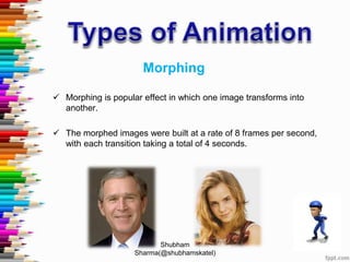  Morphing is popular effect in which one image transforms into
another.
 The morphed images were built at a rate of 8 frames per second,
with each transition taking a total of 4 seconds.
Morphing
Shubham
Sharma(@shubhamskatel)
 