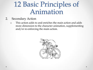 12 Basic Principles of
Animation
2. Secondary Action
o This action adds to and enriches the main action and adds
more dimension to the character animation, supplementing
and/or re-enforcing the main action.
 