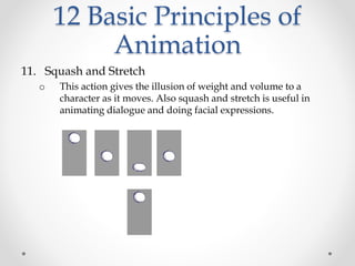 12 Basic Principles of
Animation
11. Squash and Stretch
o This action gives the illusion of weight and volume to a
character as it moves. Also squash and stretch is useful in
animating dialogue and doing facial expressions.
 