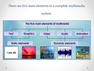 There are five main elements in a complete multimedia
system.
 