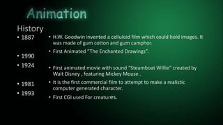 History
• 1887
• 1990
• 1924
• 1981
• 1993
• H.W. Goodwin invented a celluloid film which could hold images. It
was made of gum cotton and gum camphor.
• First Animated “The Enchanted Drawings”.
• First animated movie with sound “Steamboat Willie” created by
Walt Disney , featuring Mickey Mouse .
• It is the first commercial film to attempt to make a realistic
computer generated character.
• First CGI used For creatures.
 