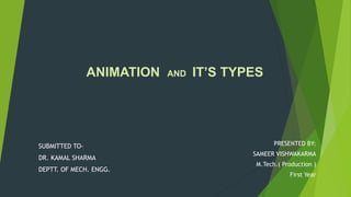 ANIMATION AND IT’S TYPES
PRESENTED BY:
SAMEER VISHWAKARMA
M.Tech.( Production )
First Year
SUBMITTED TO-
DR. KAMAL SHARMA
DEPTT. OF MECH. ENGG.
 