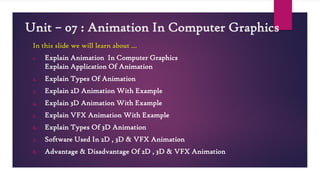 Unit – 07 : Animation In Computer Graphics
In this slide we will learn about …
1. Explain Animation In Computer Graphics
Explain Application Of Animation
2. Explain Types Of Animation
3. Explain 2D Animation With Example
4. Explain 3D Animation With Example
5. Explain VFX Animation With Example
6. Explain Types Of 3D Animation
7. Software Used In 2D , 3D & VFX Animation
8. Advantage & Disadvantage Of 2D , 3D & VFX Animation
 