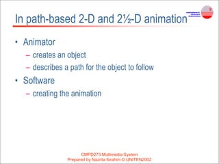 In path-based 2-D and 2½-D animation
• Animator
– creates an object
– describes a path for the object to follow
• Software
– creating the animation
CMPD273 Multimedia System
Prepared by Nazrita Ibrahim © UNITEN2002
 