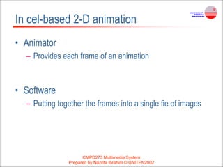 In cel-based 2-D animation
• Animator
– Provides each frame of an animation
• Software
– Putting together the frames into a single fie of images
CMPD273 Multimedia System
Prepared by Nazrita Ibrahim © UNITEN2002
 