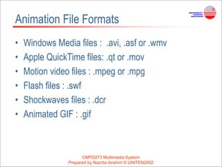 CMPD273 Multimedia System
Prepared by Nazrita Ibrahim © UNITEN2002
Animation File Formats
• Windows Media files : .avi, .asf or .wmv
• Apple QuickTime files: .qt or .mov
• Motion video files : .mpeg or .mpg
• Flash files : .swf
• Shockwaves files : .dcr
• Animated GIF : .gif
 