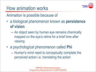 CMPD273 Multimedia System
Prepared by Nazrita Ibrahim © UNITEN2002
How animation works
Animation is possible because of
• a biological phenomenon known as persistence
of vision
– An object seen by human eye remains chemically
mapped on the eye’s retina for a brief time after
viewing
• a psychological phenomenon called Phi
– Human’s mind need to conceptually complete the
perceived action i.e. translating the action
 