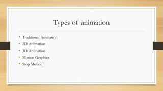 Types of animation
• Traditional Animation
• 2D Animation
• 3D Animation
• Motion Graphics
• Stop Motion
 