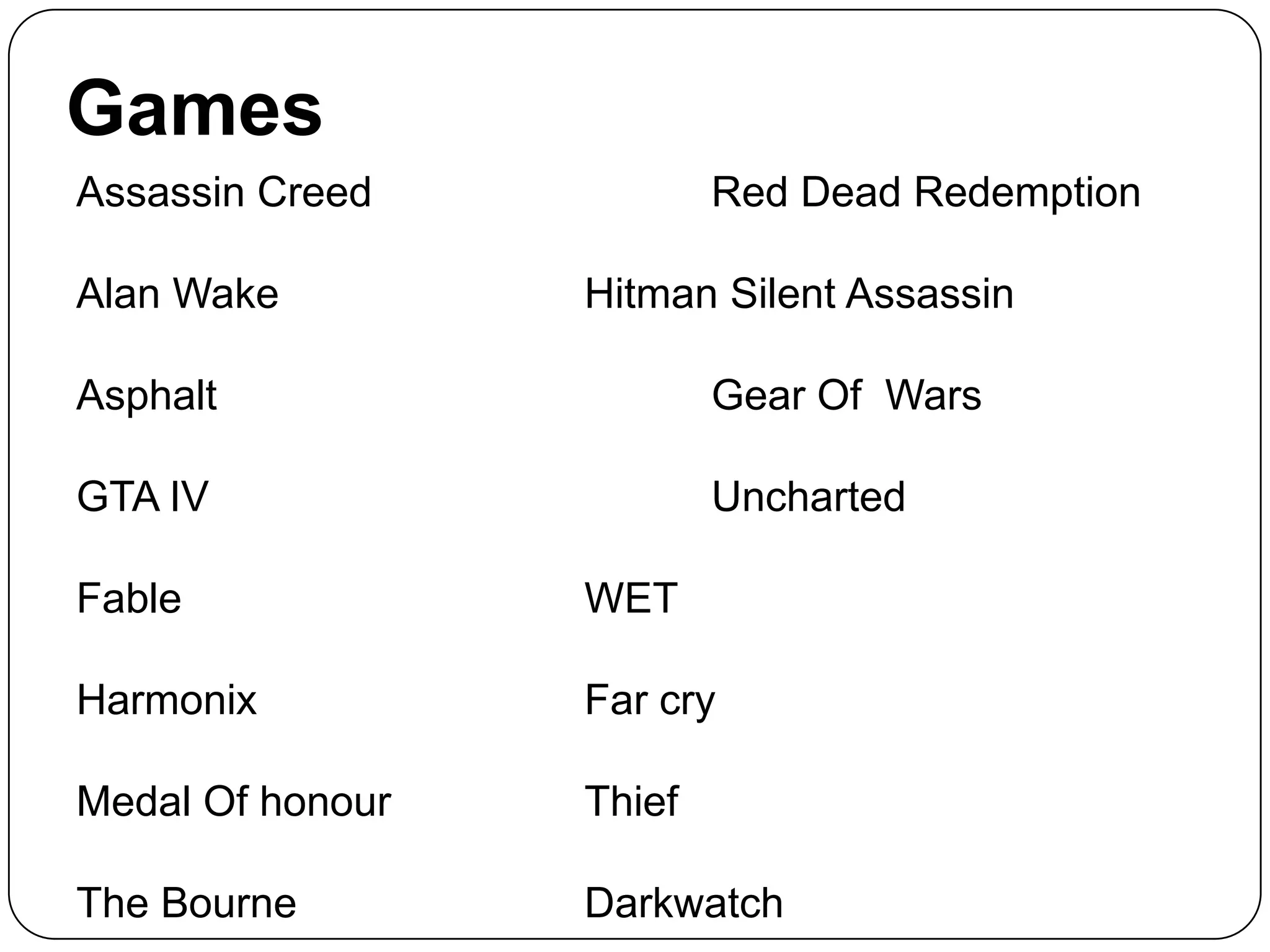 Games
Assassin Creed
Alan Wake

Red Dead Redemption
Hitman Silent Assassin

Asphalt

Gear Of Wars

GTA IV

Uncharted

Fable

WET

Harmonix

Far cry

Medal Of honour

Thief

The Bourne

Darkwatch

 