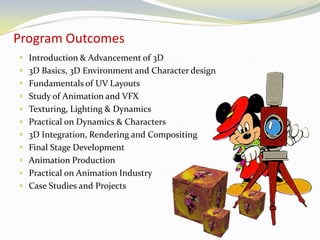 Program Outcomes
 Introduction & Advancement of 3D
 3D Basics, 3D Environment and Character design

 Fundamentals of UV Layouts
 Study of Animation and VFX
 Texturing, Lighting & Dynamics
 Practical on Dynamics & Characters
 3D Integration, Rendering and Compositing
 Final Stage Development
 Animation Production
 Practical on Animation Industry
 Case Studies and Projects

 