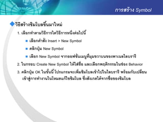 การสร้ าง Symbol
วิธีสร้ างซิมโบลขึนมาใหม่
                   ้
    1. เลือกทาตามวิธีการใดวิธีการหนึ่งต่ อไปนี ้
           เลือกคาสั่ง Insert > New Symbol

           คลิกปุ่ ม New Symbol

           เลือก New Symbol จากออฟชั่นเมนูท่ มุมขวาบนของพาเนลไลบรารี
                                                 ี
    2. ในกรอบ Create New Symbol ให้ ใส่ ช่ ือ และเลือกพฤติกรรมในช่ อง Behavior
    3. คลิกปุ่ ม OK ในขันนี ้ โปรแกรมจะเพิ่มซิมโบลเข้ าไปในไลบรารี พร้ อมกับเปลี่ยน
                         ้
        เข้ าสู่การทางานในโหมดแก้ ไขซิมโบล ซึ่งสังเกตได้ จากชื่อของซิมโบล
 