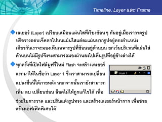 Timeline, Layer และ Frame


เลเยอร์ (Layer) เปรี ยบเสมือนแผ่ นใสที่เรี ยงซ้ อนๆ กันอยู่เมื่อเราวาดรู ป
 หรื อวางออบเจ็คตกไปบนแผ่ นใสแต่ ละแผ่ นหากรู ปอยู่ตรงตาแหน่ ง
 เดียวกันเราจะมองเห็นเฉพาะรู ปที่ซ้อนอยู่ด้านบน ยกเว้ นบริเวณที่แผ่ นใส่
 ด้ านบนไม่ มีรูปจึงจะสามารถมองผ่ านลงไปเห็นรู ปที่อยู่ข้างล่ างได้
ทุกครั งที่เปิ ดไฟล์ มูฟวี่ใหม่ Flash จะสร้ างเลเยอร์
        ้
 แรกมาให้ ในชื่อว่ า Layer 1 ซึ่งเราสามารถเปลี่ยน
 แปลงชื่อนีได้ ภายหลัง นอกจากนันเรายังสามารถ
              ้                        ้
 เพิ่ม ลบ เปลี่ยนซ่ อน ล็อคไม่ ให้ ถูกแก้ ไขได้ เพื่อ
 ช่ วยในการวาด และปรั บแต่ งรู ปทรง และสร้ างเลเยอร์ หน้ ากาก เพื่อช่ วย
 สร้ างเอฟเฟ็ คพิเศษได้
 