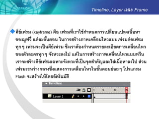 Timeline, Layer และ Frame


คีย์เฟรม (keyframe) คือ เฟรมที่เราใช้ กาหนดการเปลี่ยนแปลงเนือหา
                                                              ้
 ของมูฟวี่ แต่ ละขันตอน ในการสร้ างภาพเคลื่อนไหวแบบเฟรมต่ อเฟรม
                   ้
 ทุกๆ เฟรมจะเป็ นคีย์เฟรม ซึ่งเราต้ องกาหนดรายละเอียดการเคลื่อนไหว
 ของตัวละครทุกๆ จังหวะลงไป แต่ ในการสร้ างภาพเคลื่อนไหวแบบทวีน
 เราจะสร้ างคีย์เฟรมเฉพาะจังหวะที่เป็ นจุดสาคัญและใส่ เนือหาลงไป ส่ วน
                                                         ้
 เฟรมระหว่ างกลางซึ่งแสดงการเคลื่อนไหวในขันตอนย่ อยๆ โปรแกรม
                                              ้
 Flash จะสร้ างให้ โดยอัตโนมัติ
 