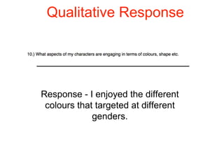 Qualitative Response
Response - I enjoyed the different
colours that targeted at different
genders.
 