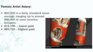 Texture Artist Salary:
 $60,000 is a fairly standard mean
average, ranging up to around
$80,000 in some location
hotspots.
 $19,190 - lowest paid
 $89,720 – highest paid
 